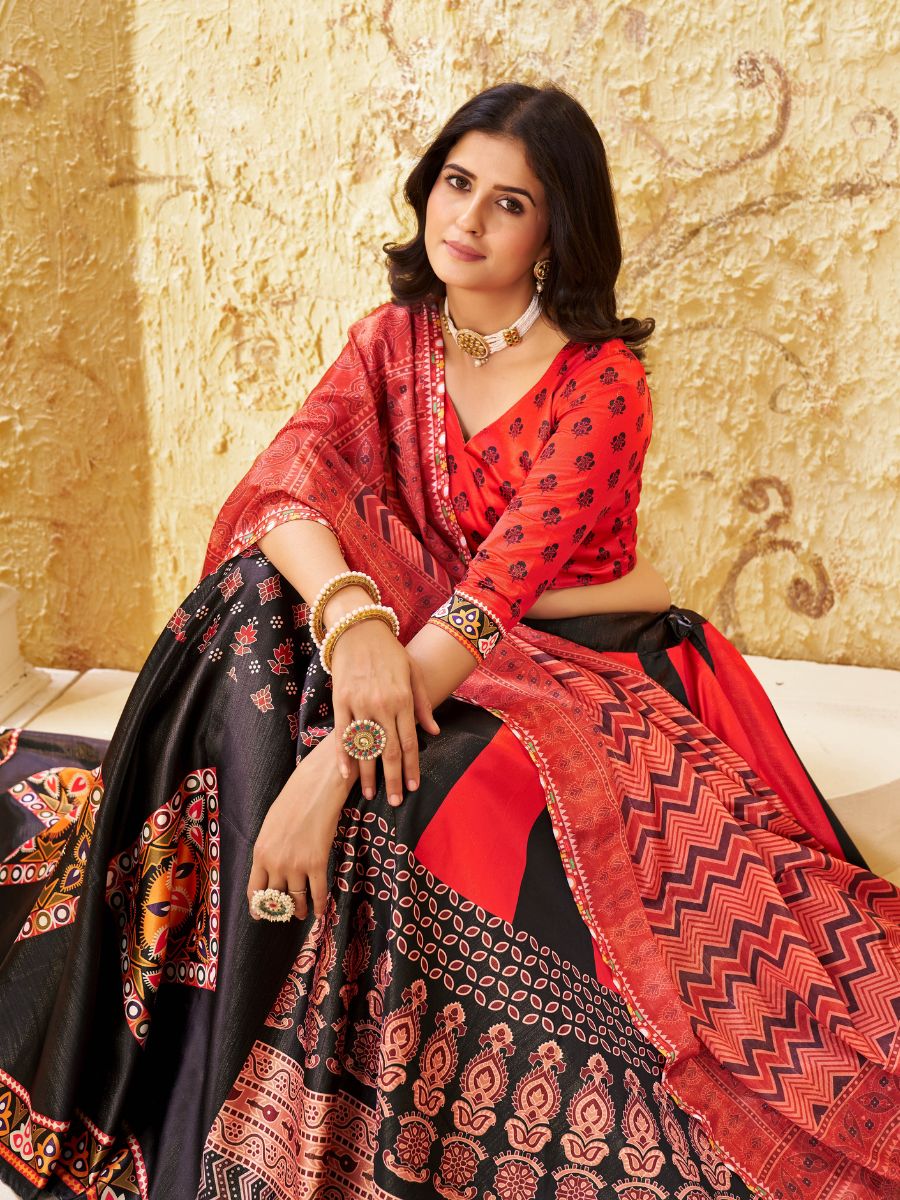 Red & Black Printed Lehenga with Dupatta