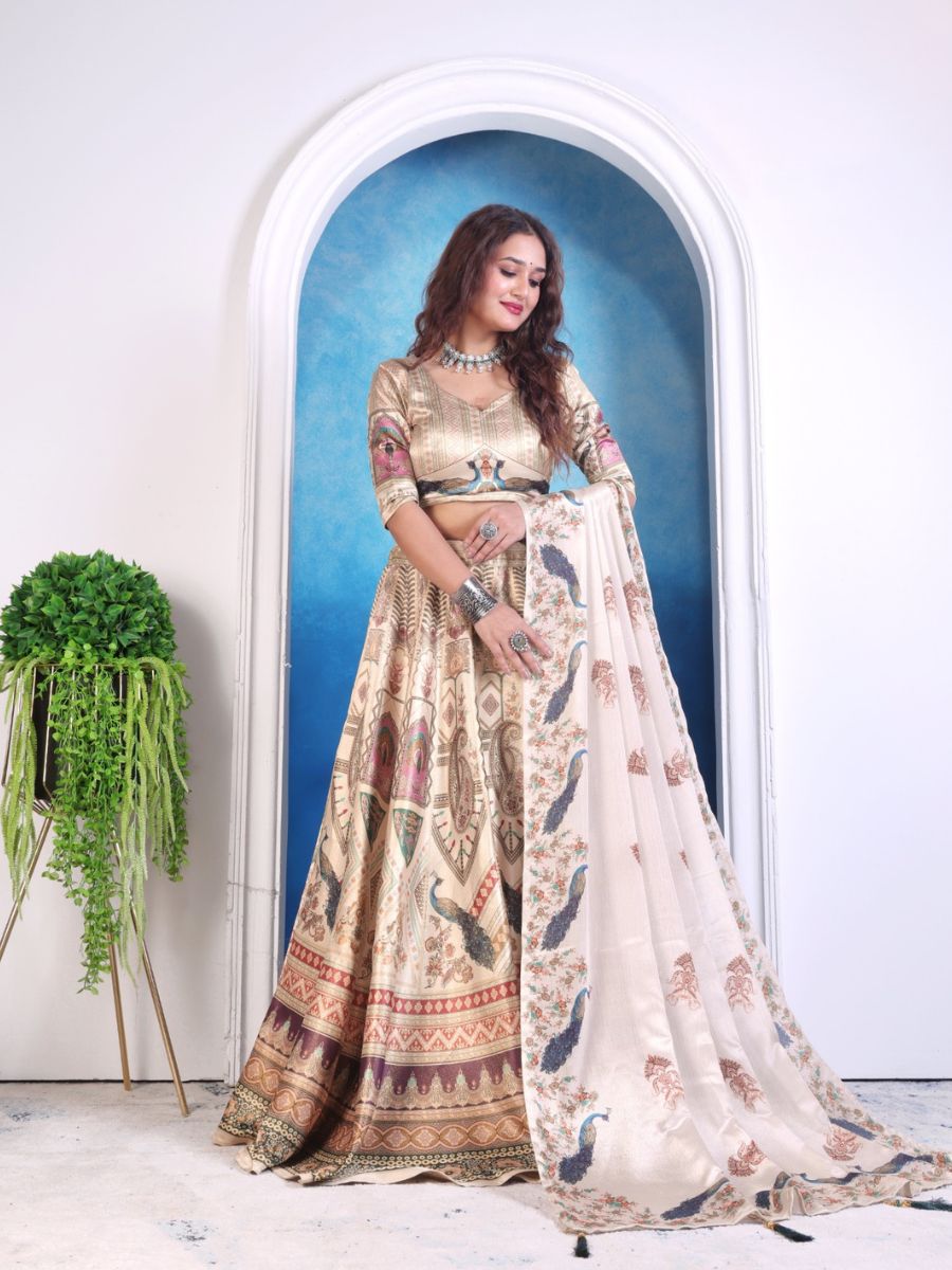 Cream Printed Lehenga with Peacock & Temple Motifs