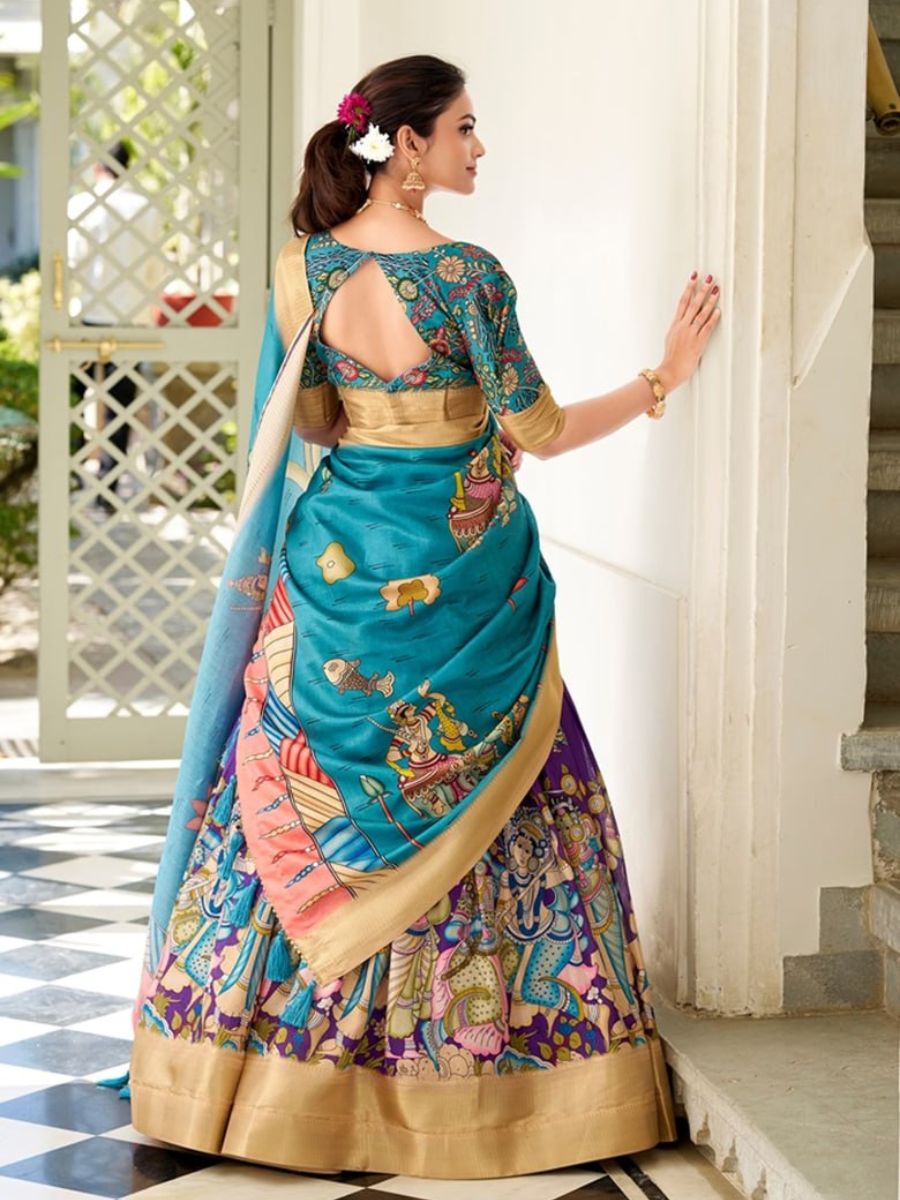 Yellow Handpainted Lehenga with Teal Blouse & Dupatta