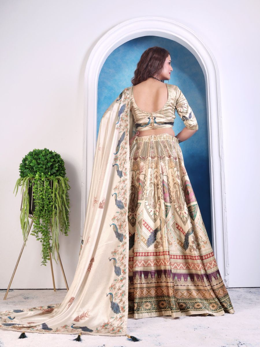 Cream Printed Lehenga with Peacock & Temple Motifs