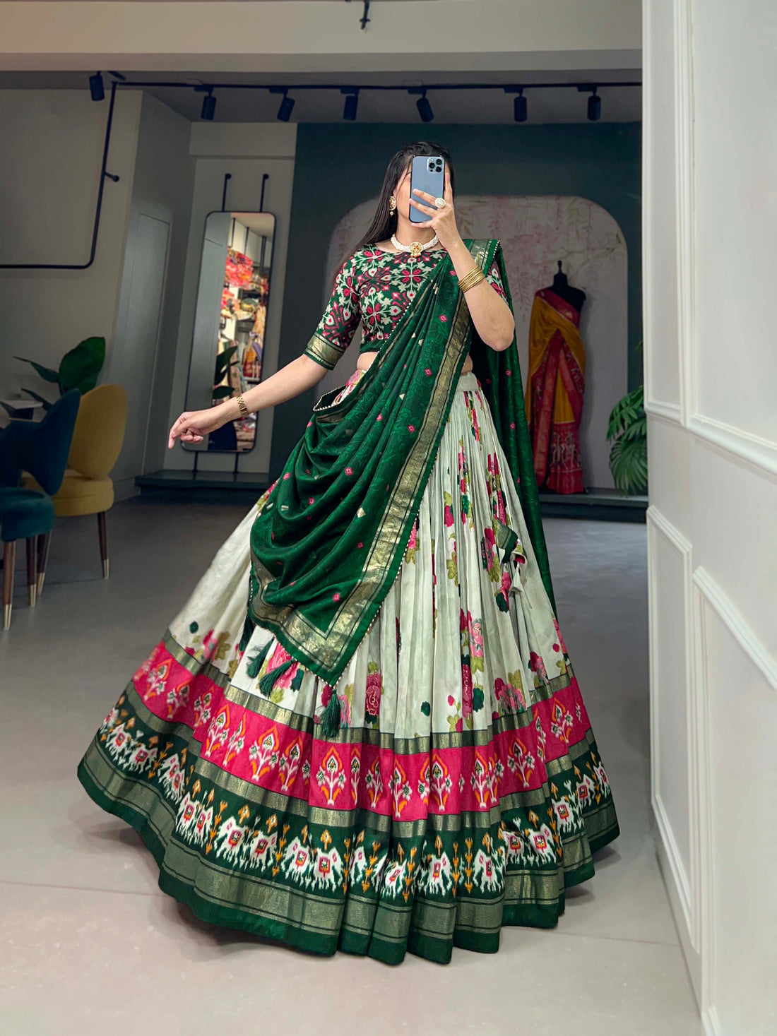 Tusser Silk Lehenga Choli with Intricate Print and Dupatta