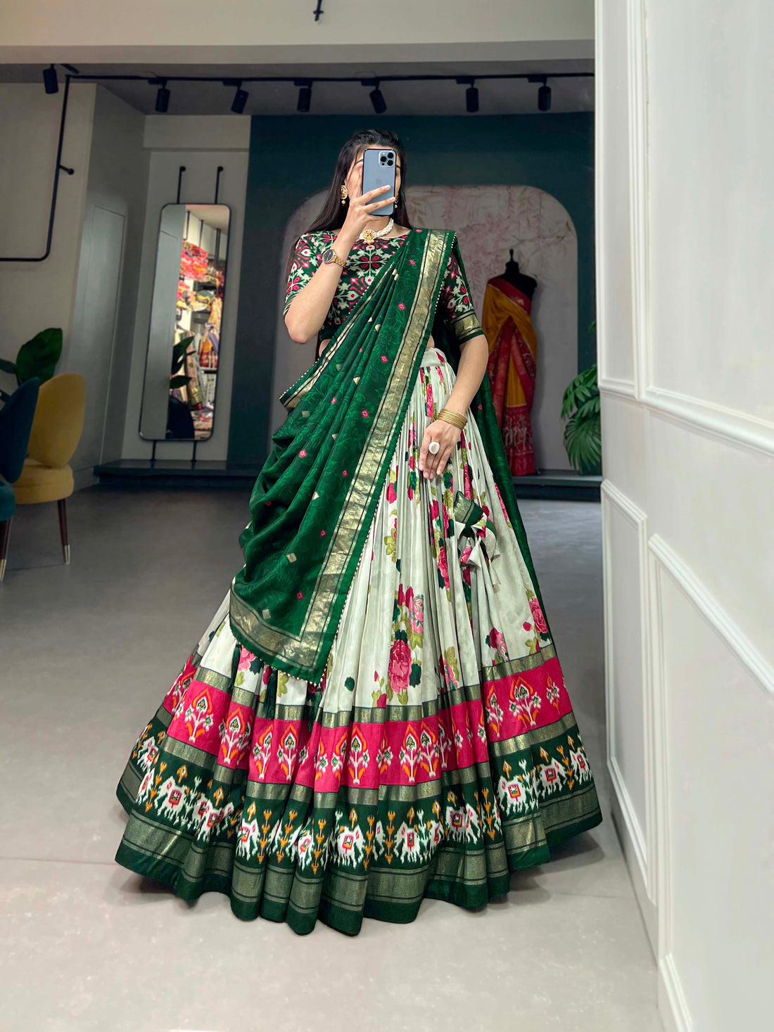 Tusser Silk Lehenga Choli with Intricate Print and Dupatta