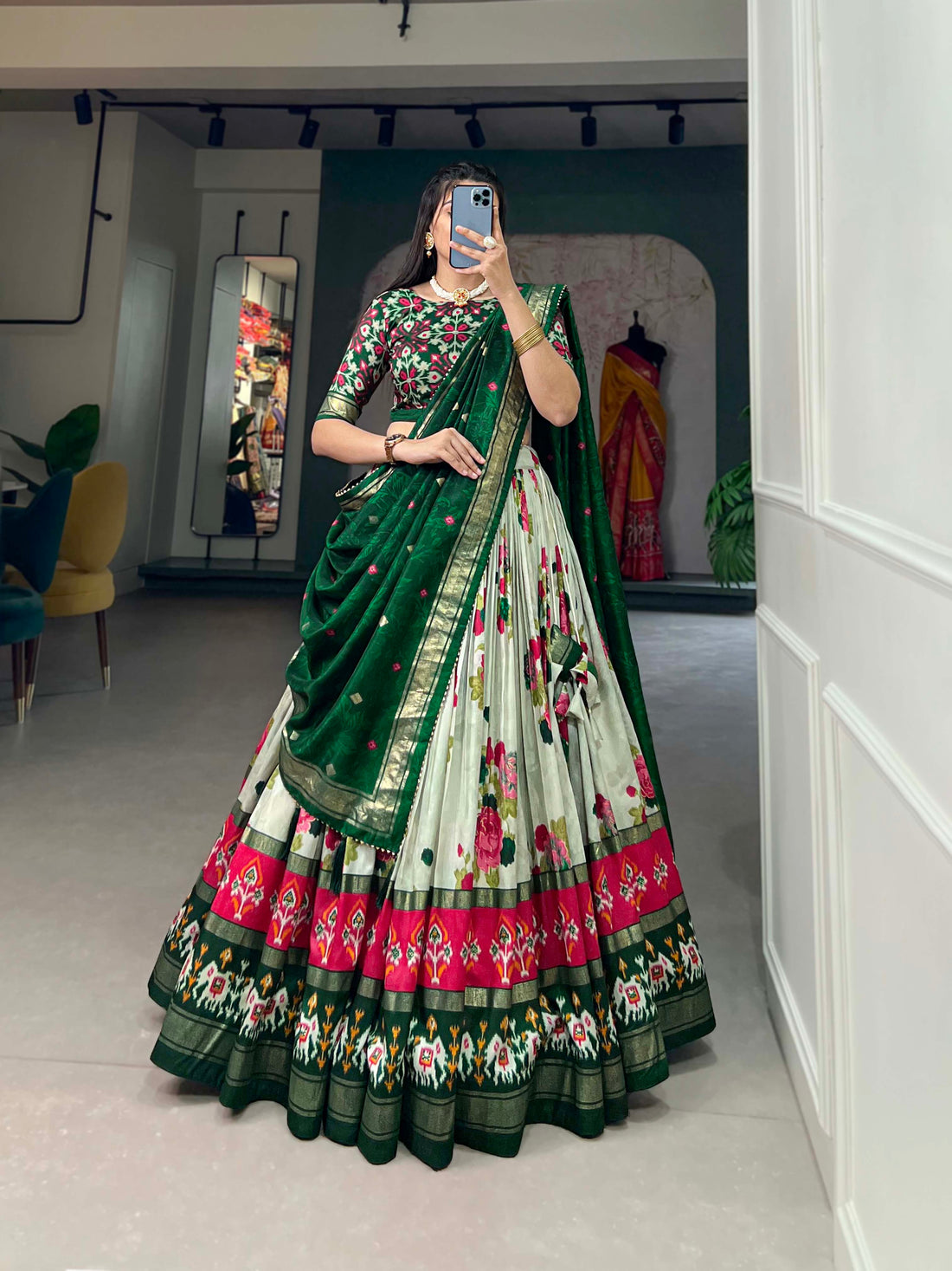 Tusser Silk Lehenga Choli with Intricate Print and Dupatta