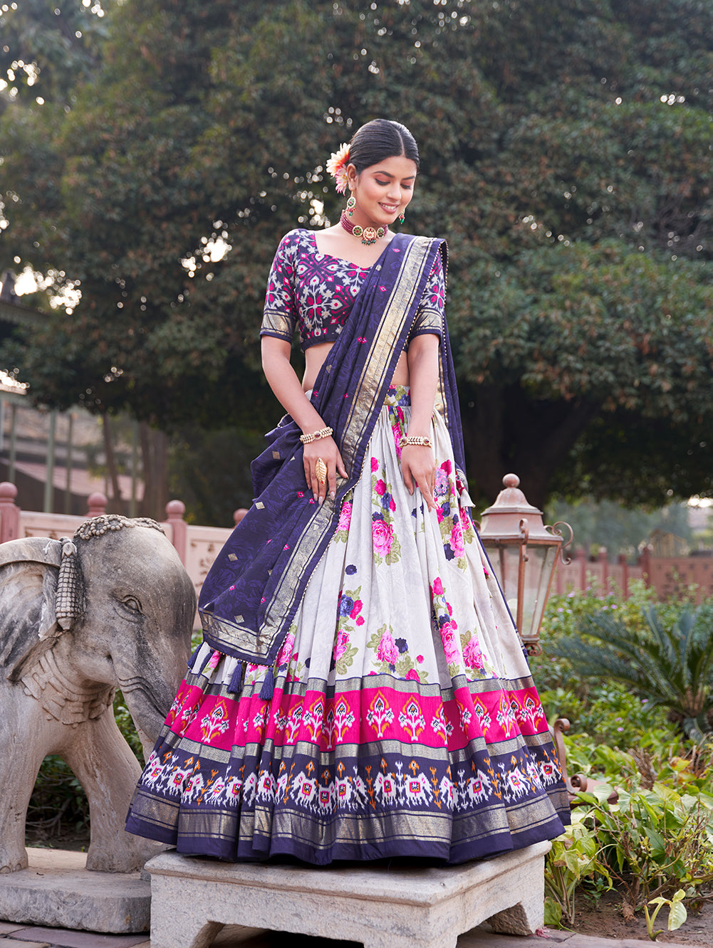Tusser Silk Lehenga Choli with Intricate Print and Dupatta