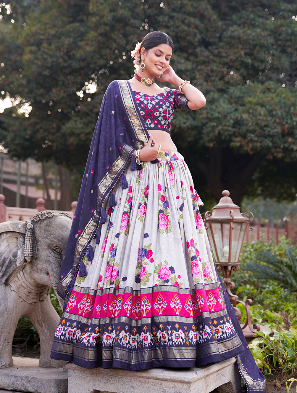Tusser Silk Lehenga Choli with Intricate Print and Dupatta