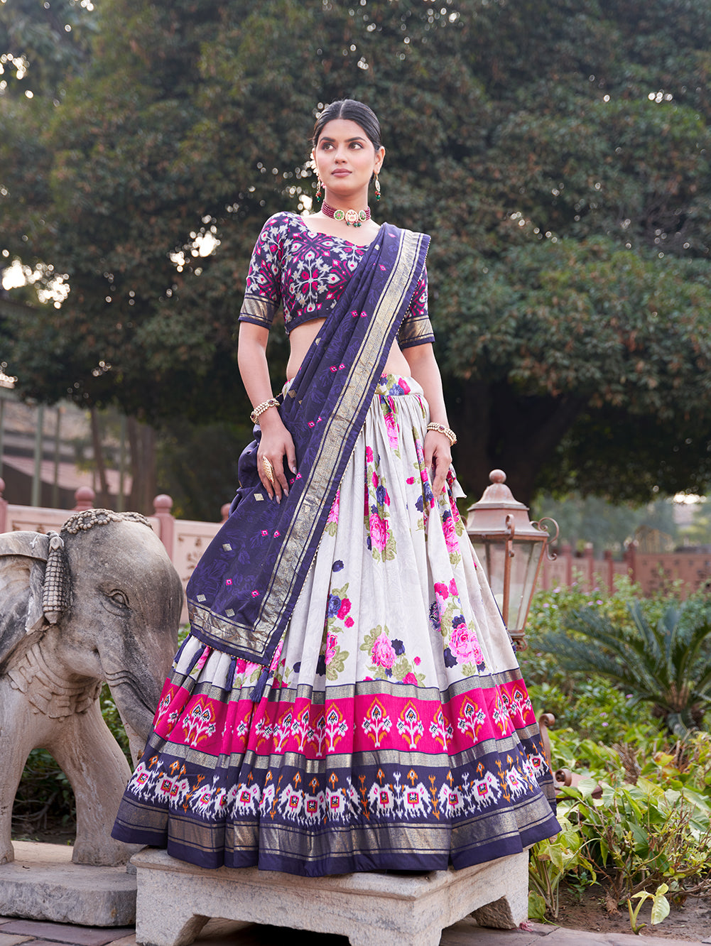Tusser Silk Lehenga Choli with Intricate Print and Dupatta
