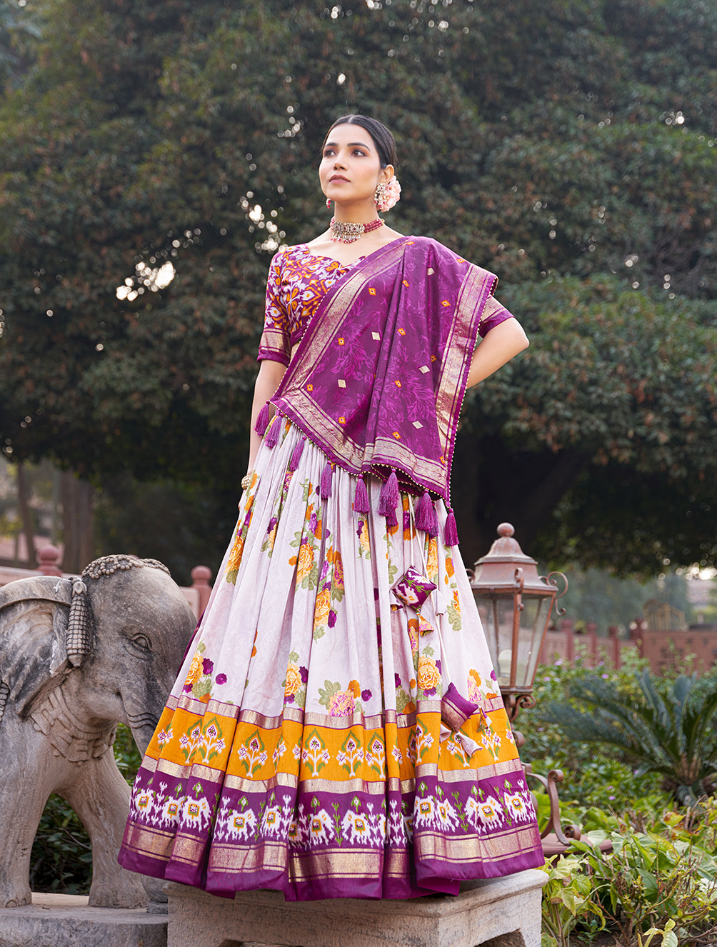 Tusser Silk Lehenga Choli with Intricate Print and Dupatta