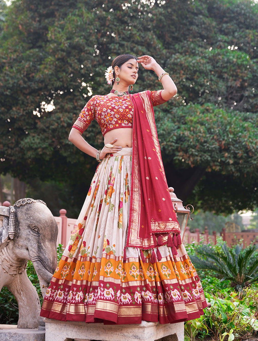 Tusser Silk Lehenga Choli with Intricate Print and Dupatta
