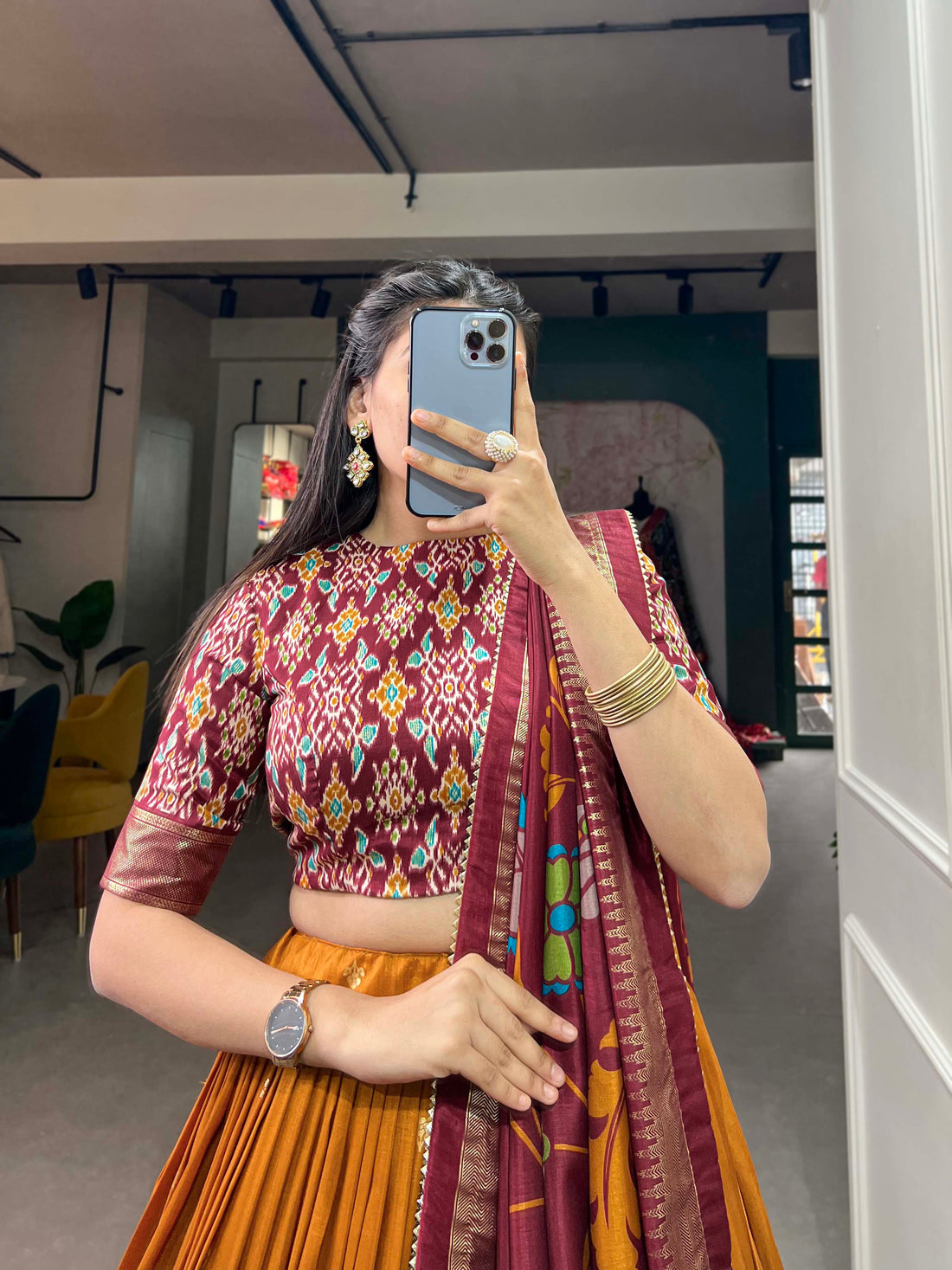Maroon & orange  Floral Embroidery printed  Lehenga Set