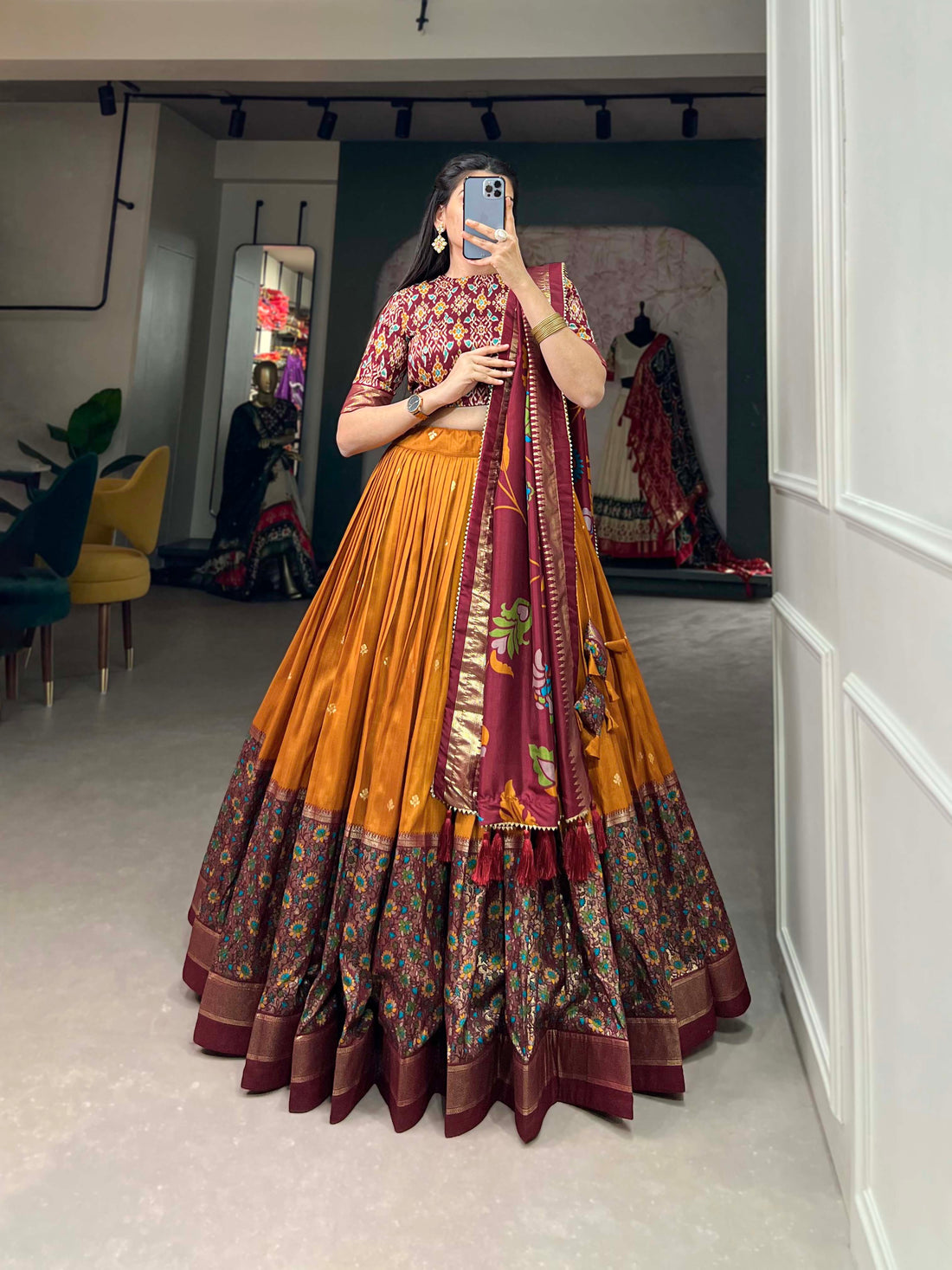 Maroon & orange  Floral Embroidery printed  Lehenga Set