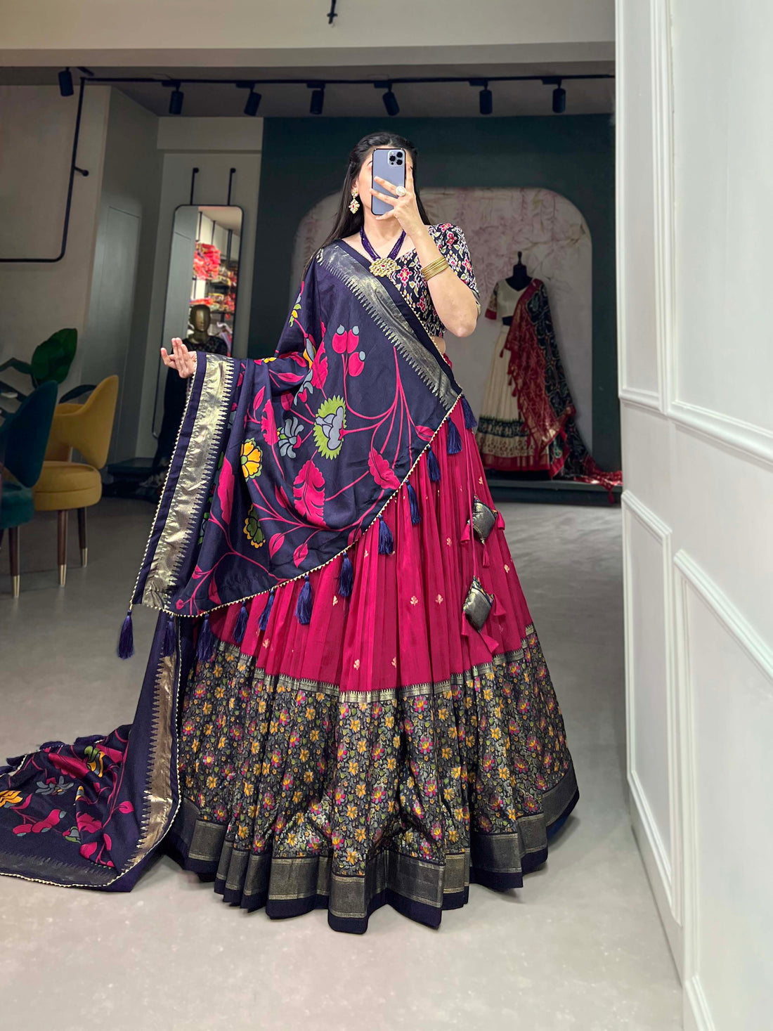 Royal blue & Rani Floral Embroidery Lehenga Set