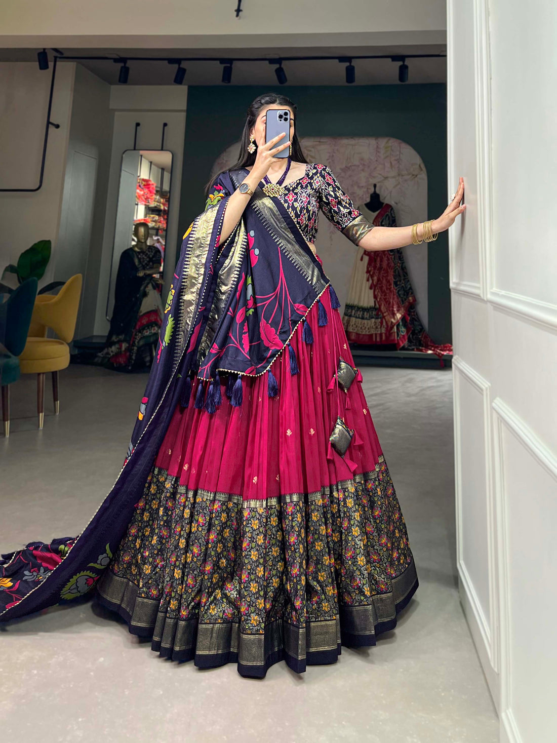 Royal blue & Rani Floral Embroidery Lehenga Set