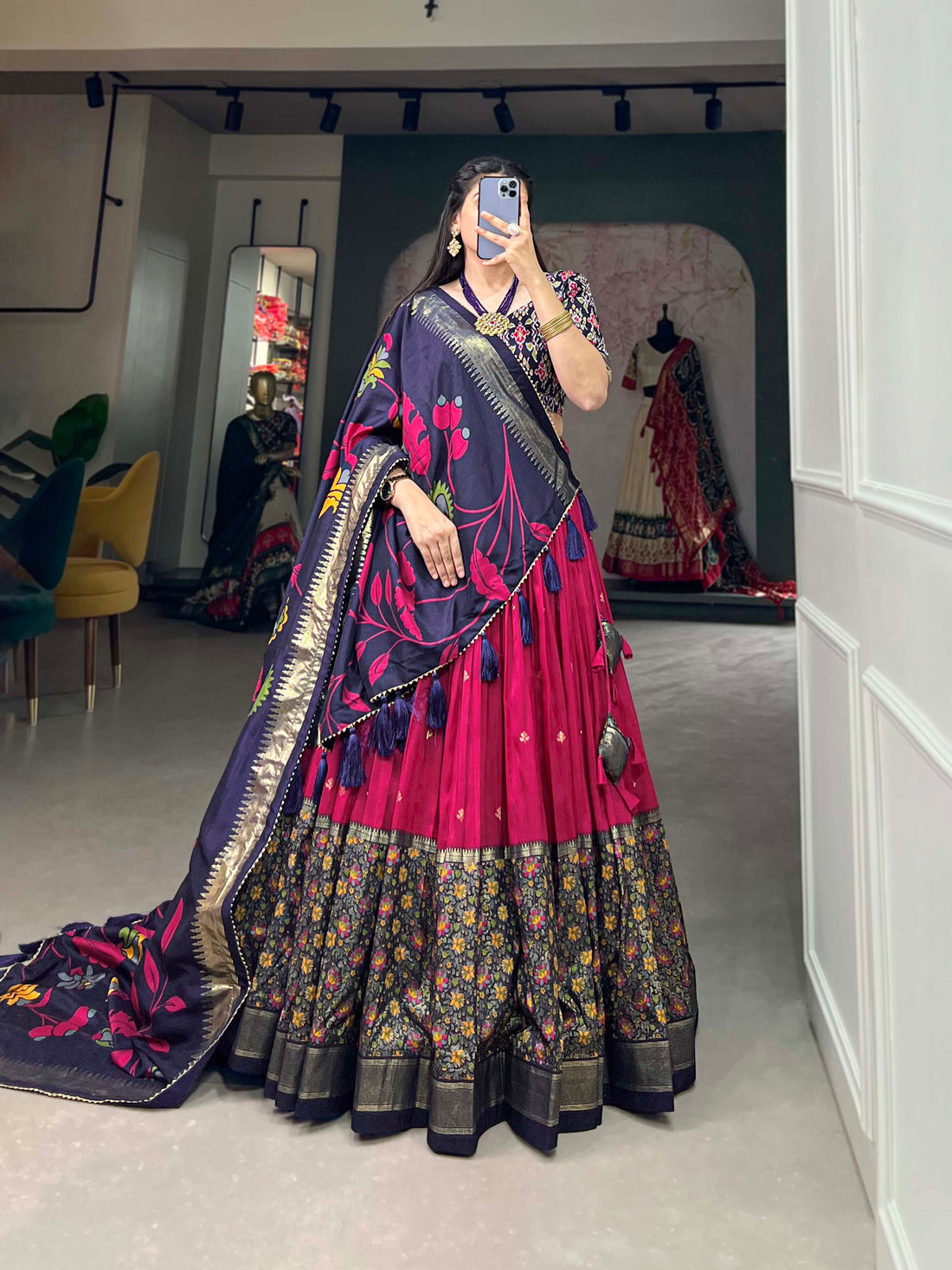 Royal blue & Rani Floral Embroidery Lehenga Set