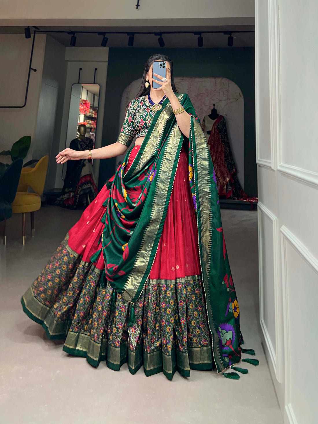 Red & Green Floral Embroiderry print Lehenga Set