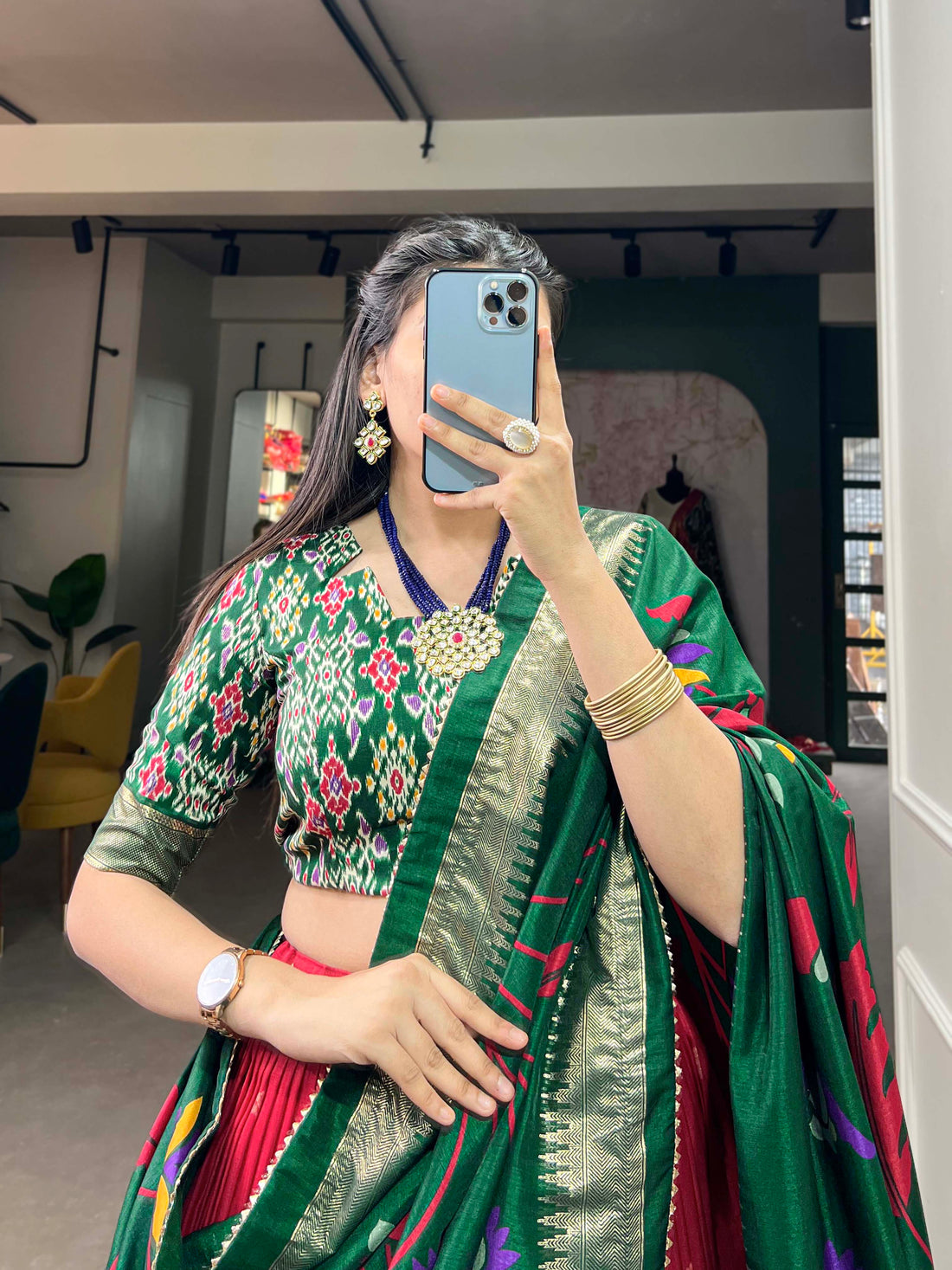Red & Green Floral Embroiderry print Lehenga Set