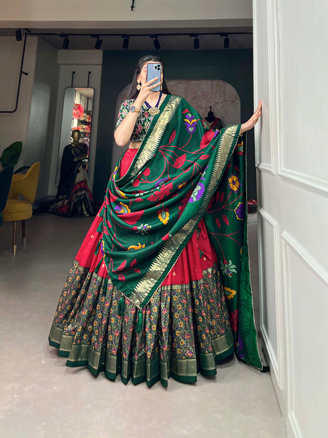 Red & Green Floral Embroiderry print Lehenga Set