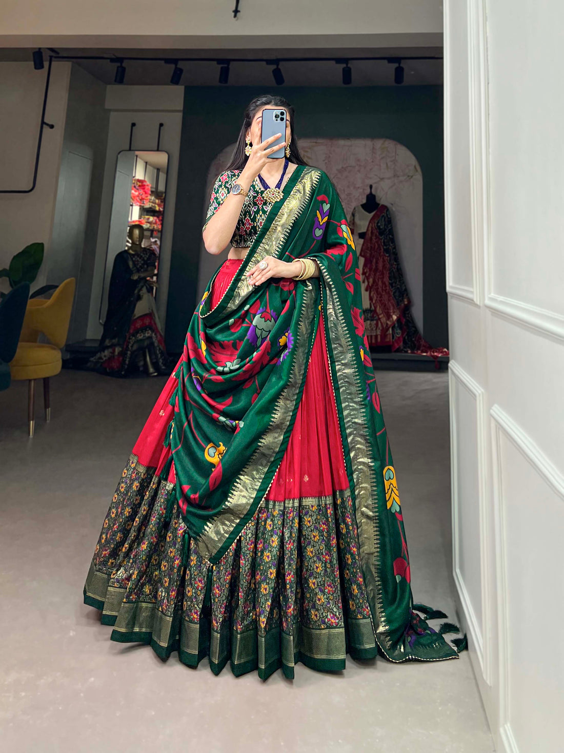 Red & Green Floral Embroiderry print Lehenga Set