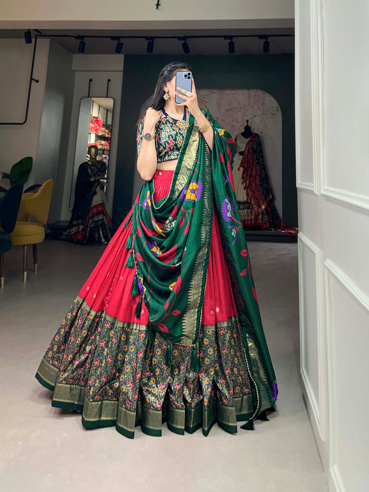 Red & Green Floral Embroiderry print Lehenga Set