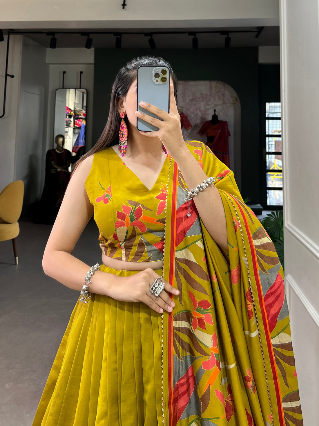 Tusser Silk  Florial Lehenga Choli with Intricate Print and Dupatta