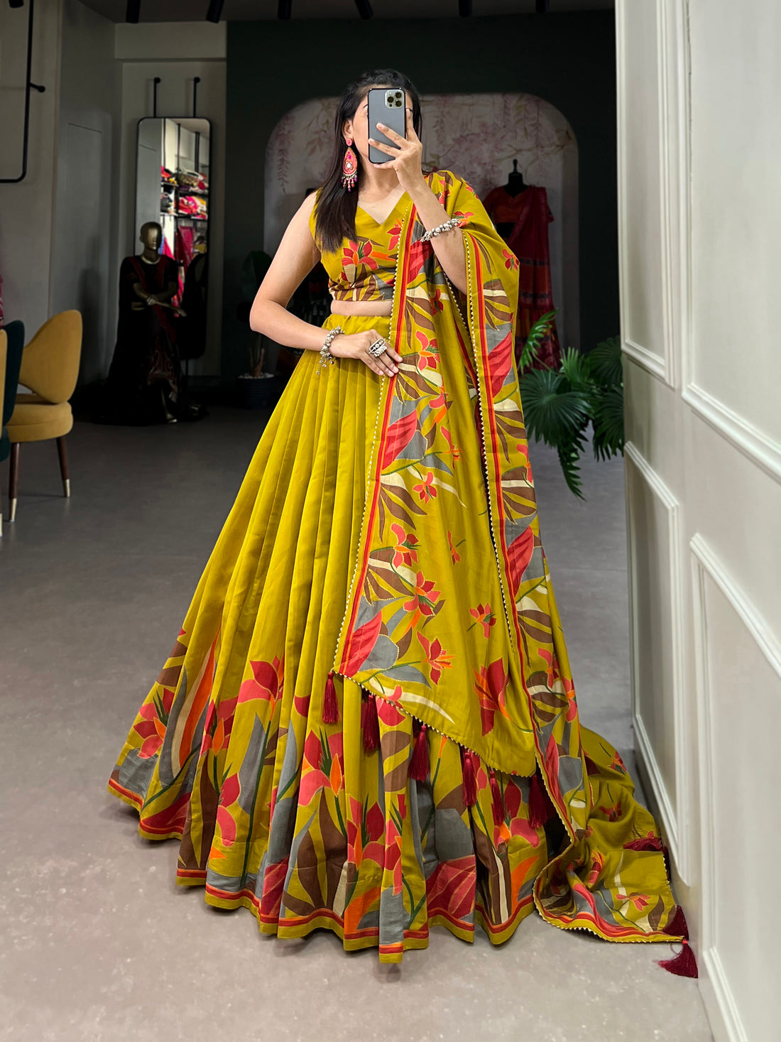 Tusser Silk  Florial Lehenga Choli with Intricate Print and Dupatta