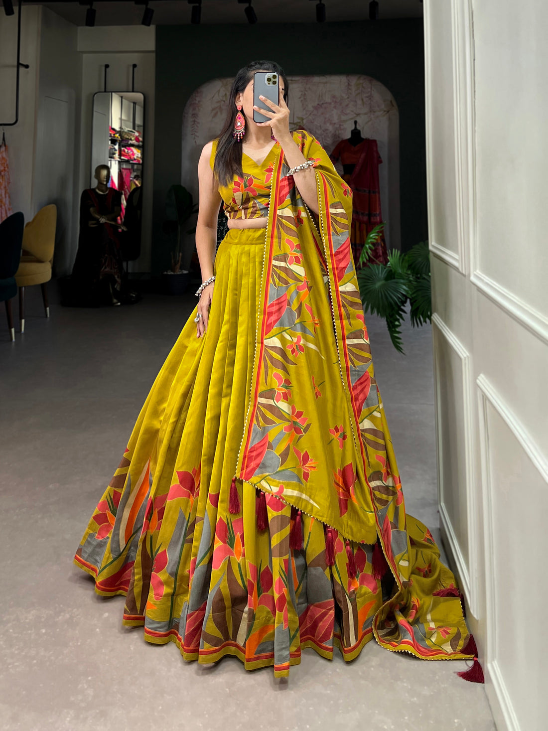 Tusser Silk  Florial Lehenga Choli with Intricate Print and Dupatta