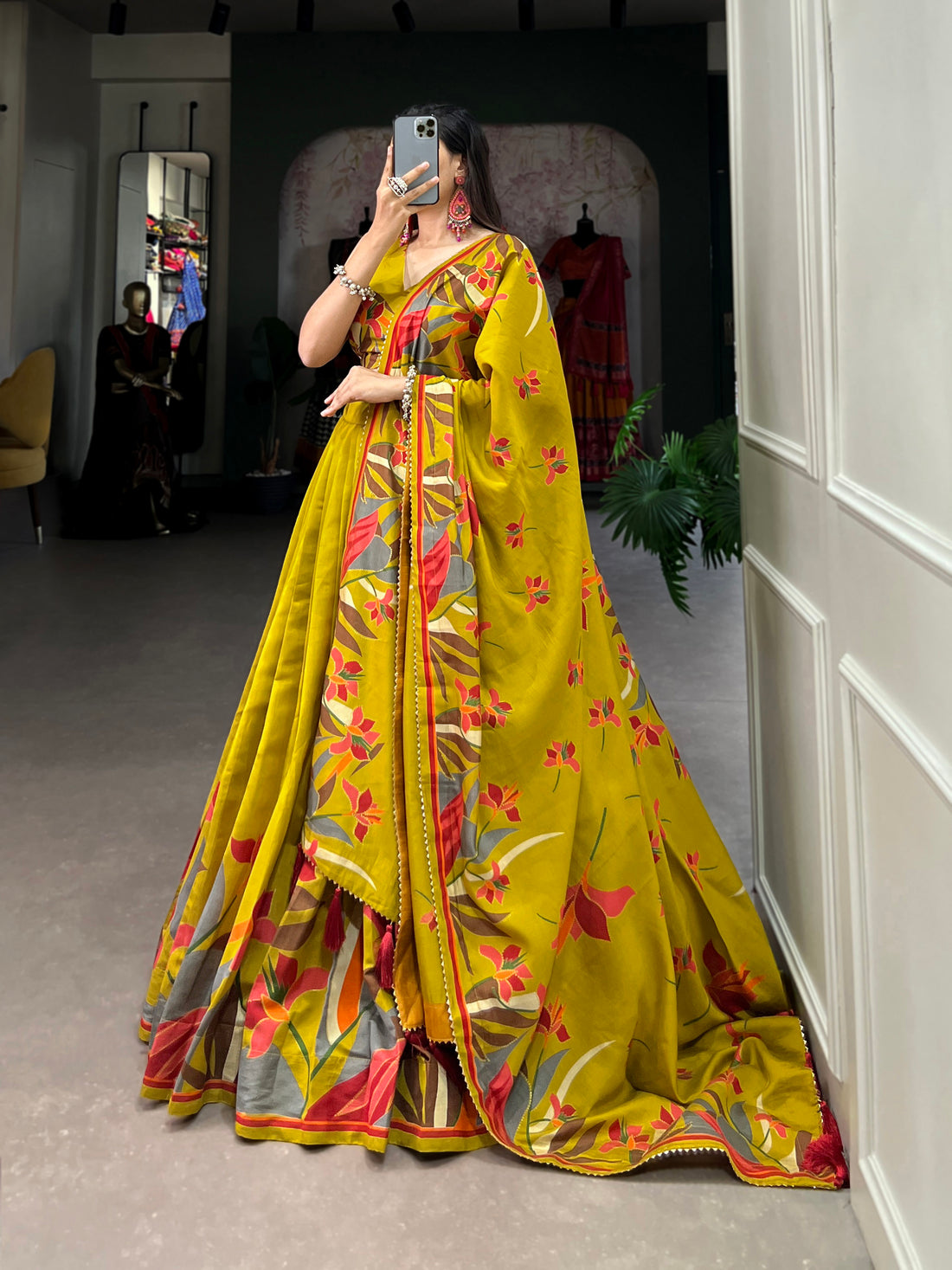 Tusser Silk  Florial Lehenga Choli with Intricate Print and Dupatta