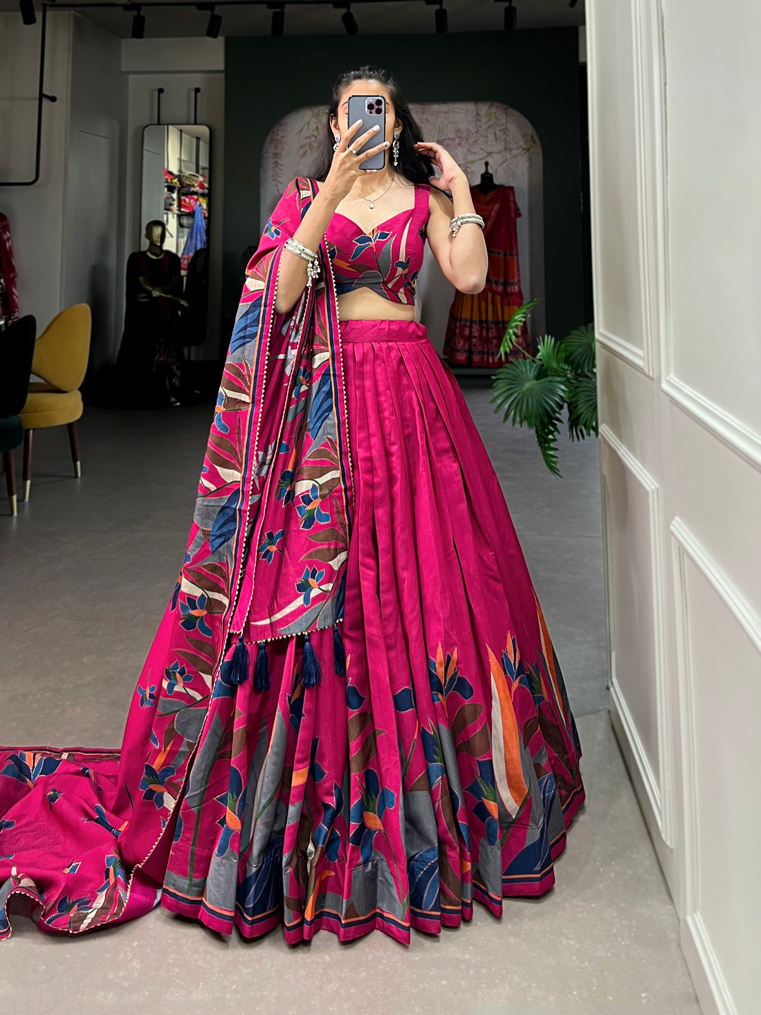 Tusser Silk  Florial Lehenga Choli with Intricate Print and Dupatta