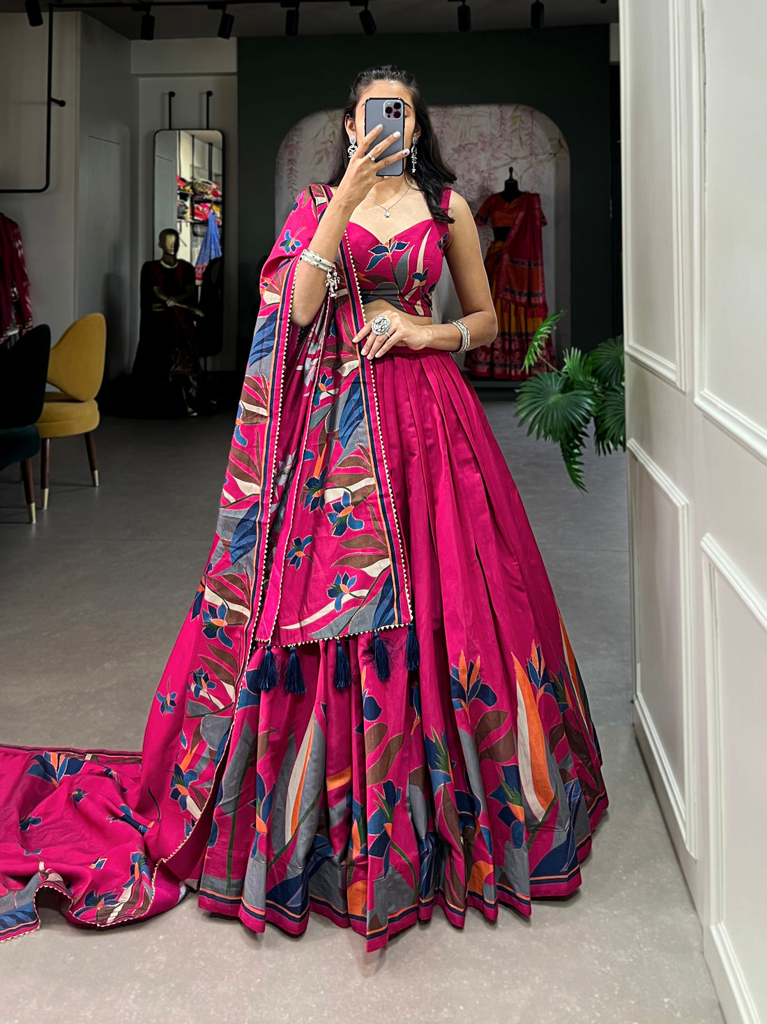 Tusser Silk  Florial Lehenga Choli with Intricate Print and Dupatta