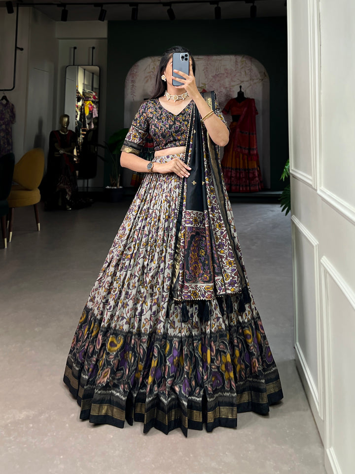 White & Blace Floral Print Lehenga Set