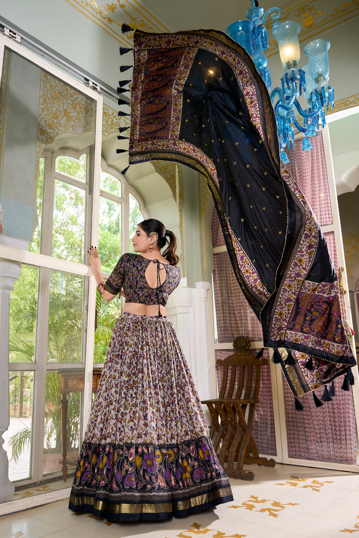 White & Blace Floral Print Lehenga Set