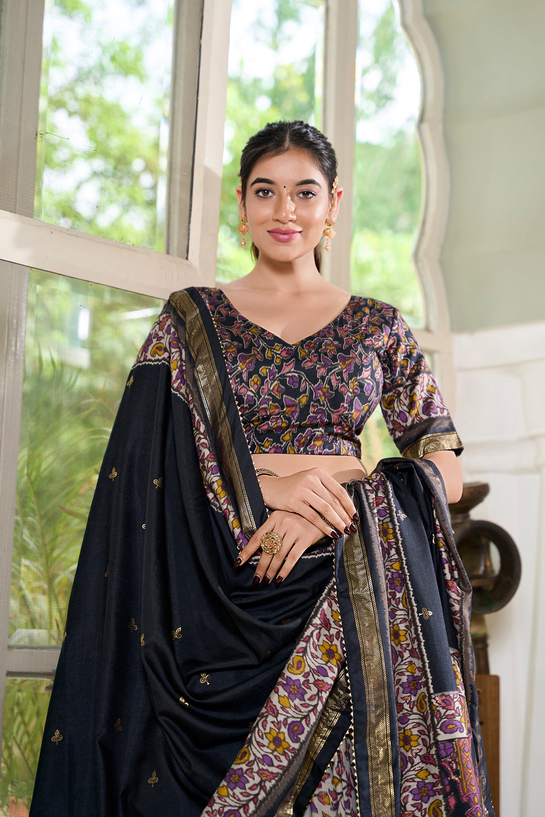 White & Blace Floral Print Lehenga Set