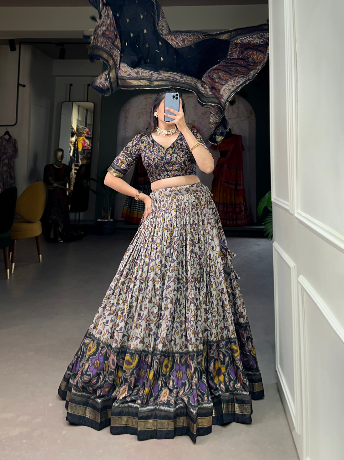 White & Blace Floral Print Lehenga Set
