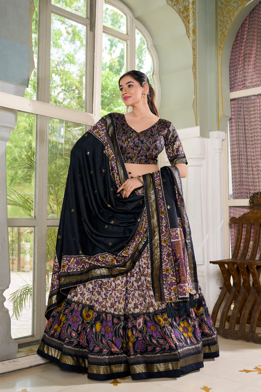 White & Blace Floral Print Lehenga Set