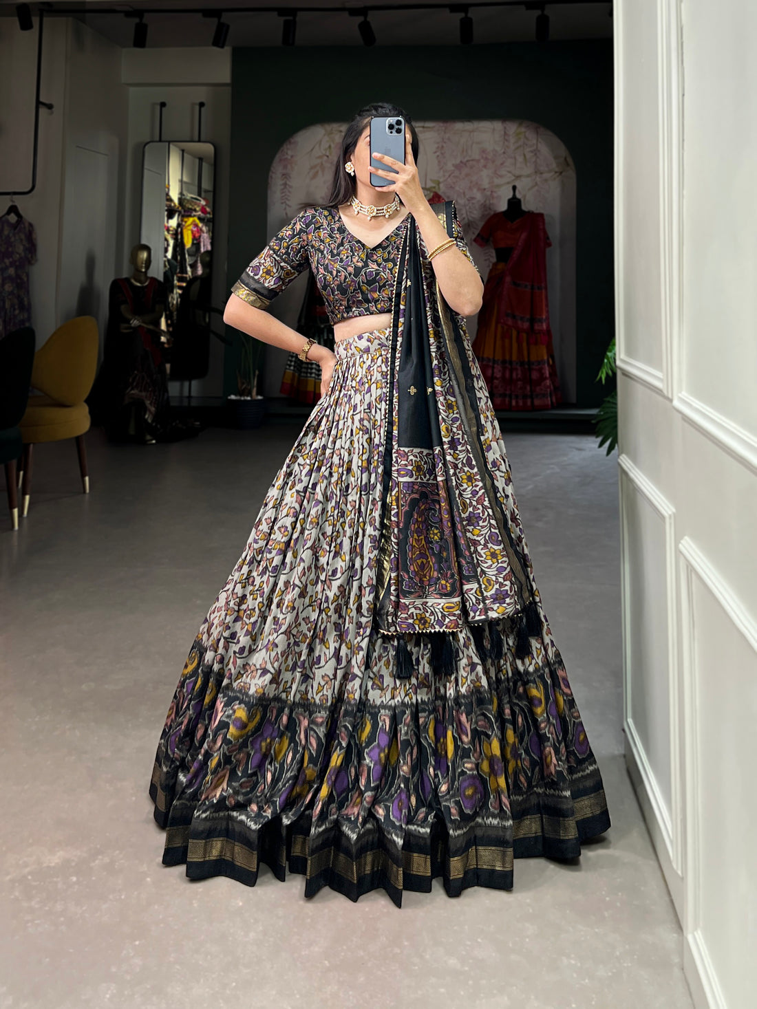 White & Blace Floral Print Lehenga Set