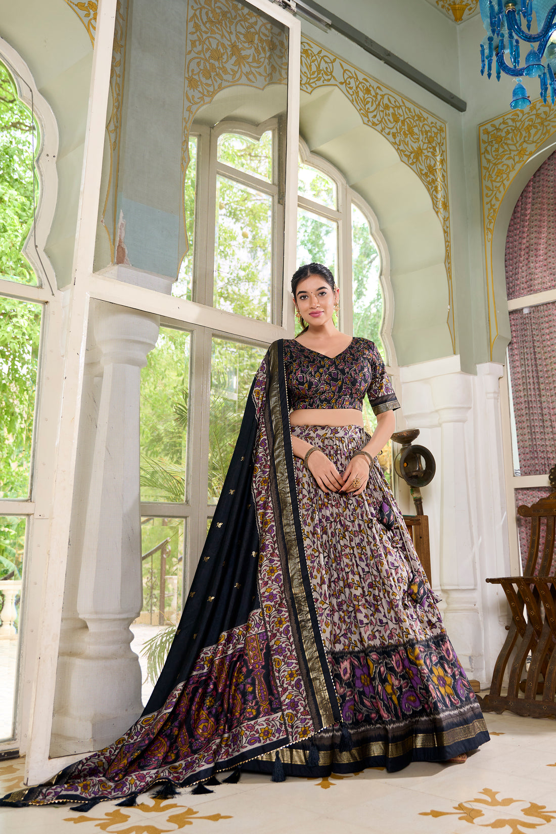 White & Blace Floral Print Lehenga Set