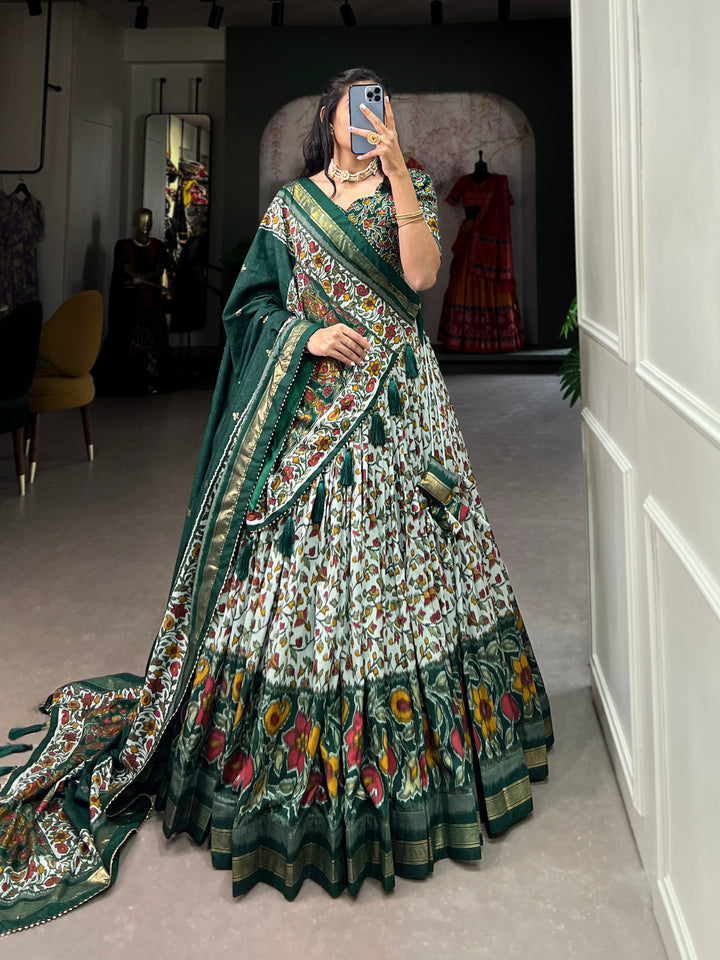 White & dark green Floral Print Lehenga Set