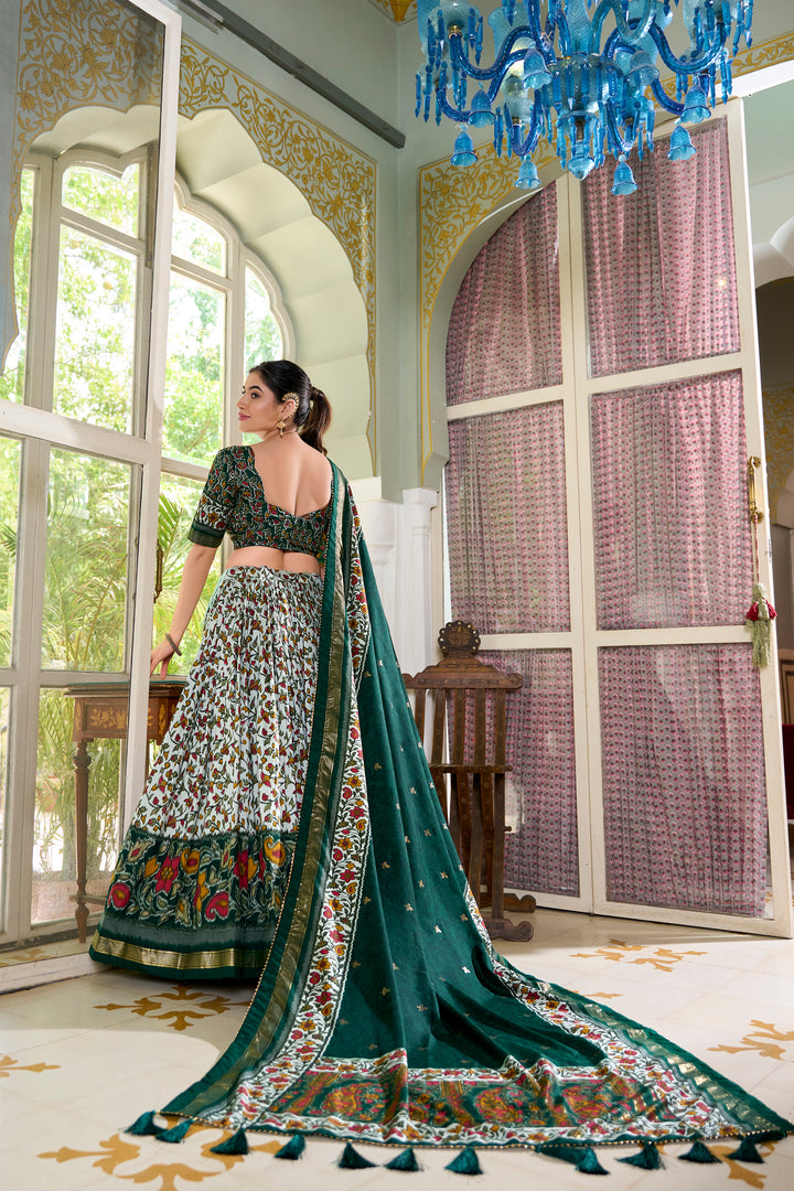White & dark green Floral Print Lehenga Set