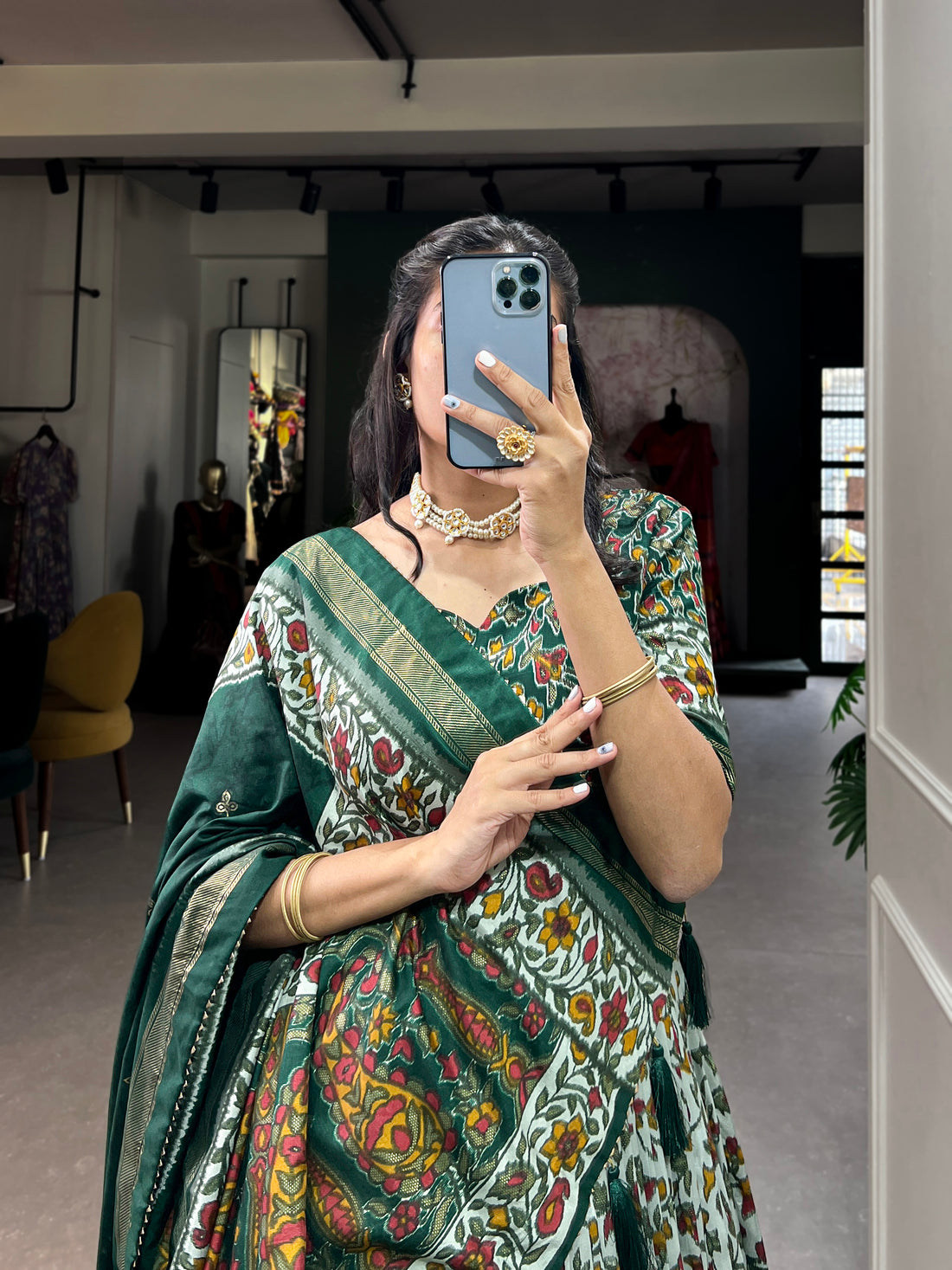 White & dark green Floral Print Lehenga Set