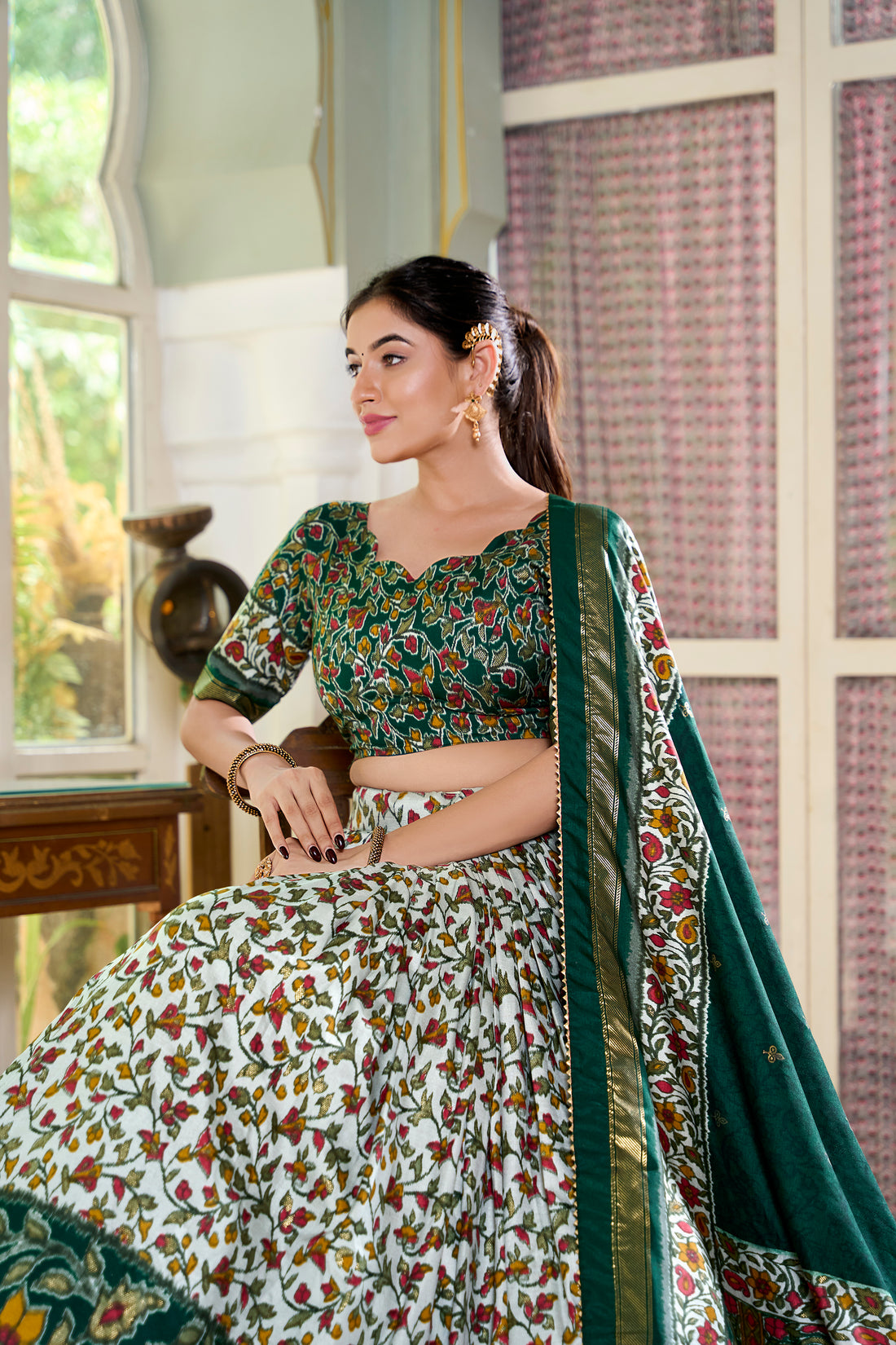 White & dark green Floral Print Lehenga Set