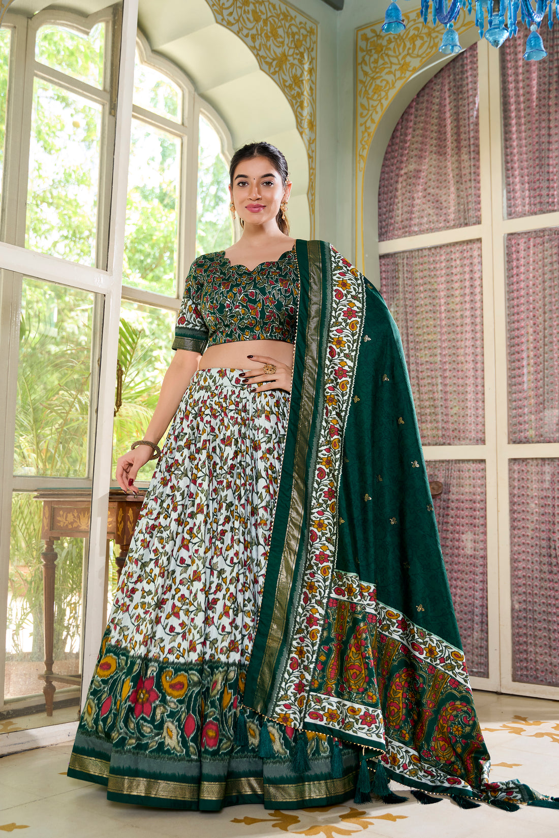 White & dark green Floral Print Lehenga Set
