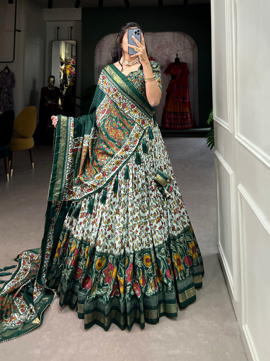 White & dark green Floral Print Lehenga Set