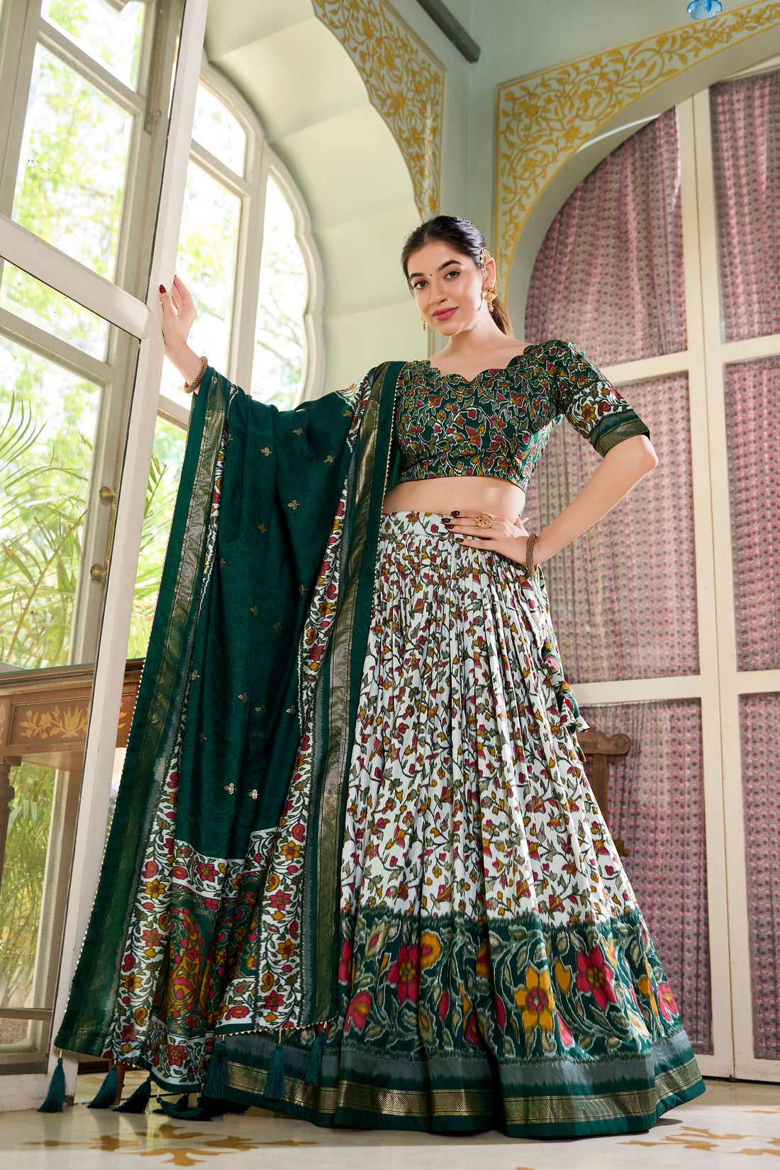 White & dark green Floral Print Lehenga Set