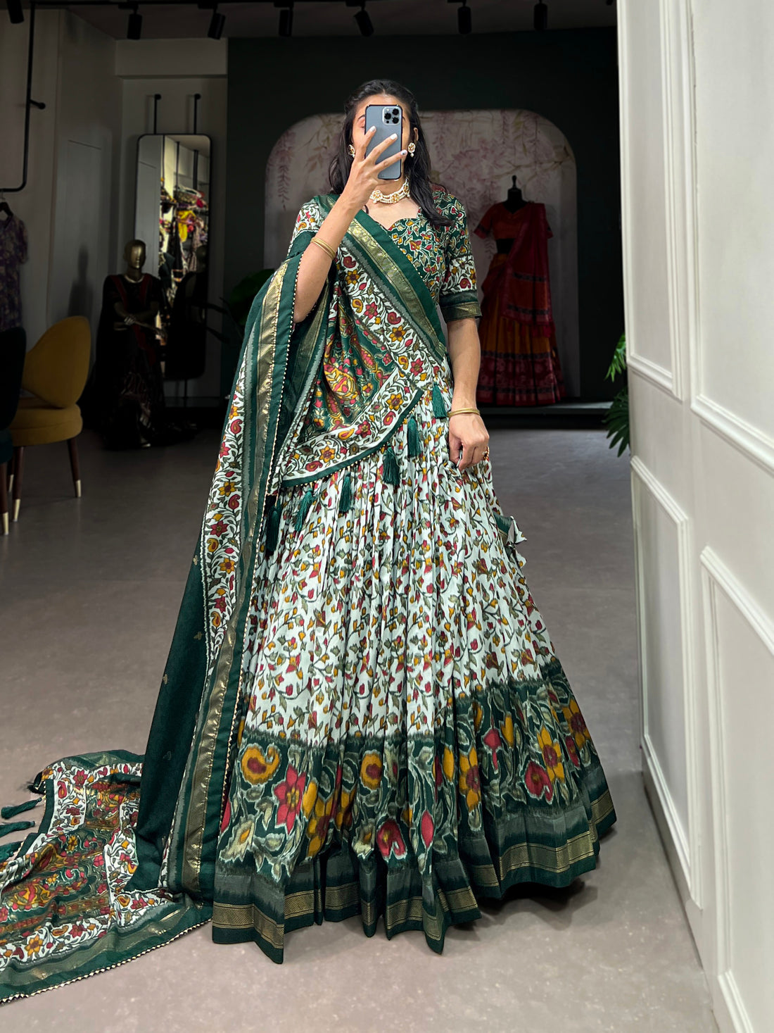 White & dark green Floral Print Lehenga Set