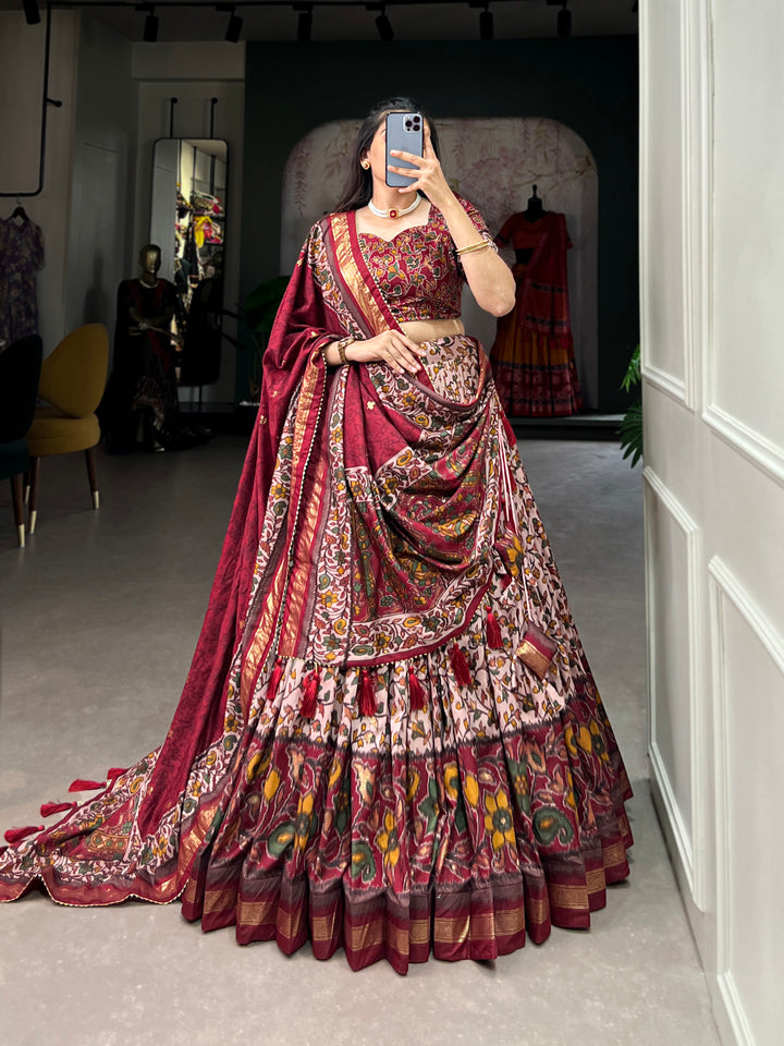 White & Red Floral Print Lehenga Set