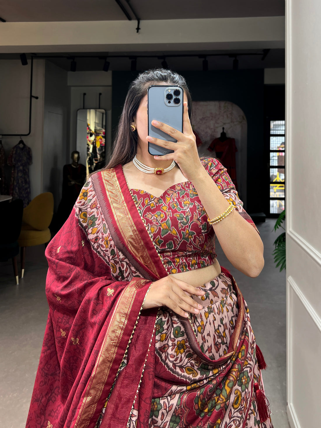 White & Red Floral Print Lehenga Set