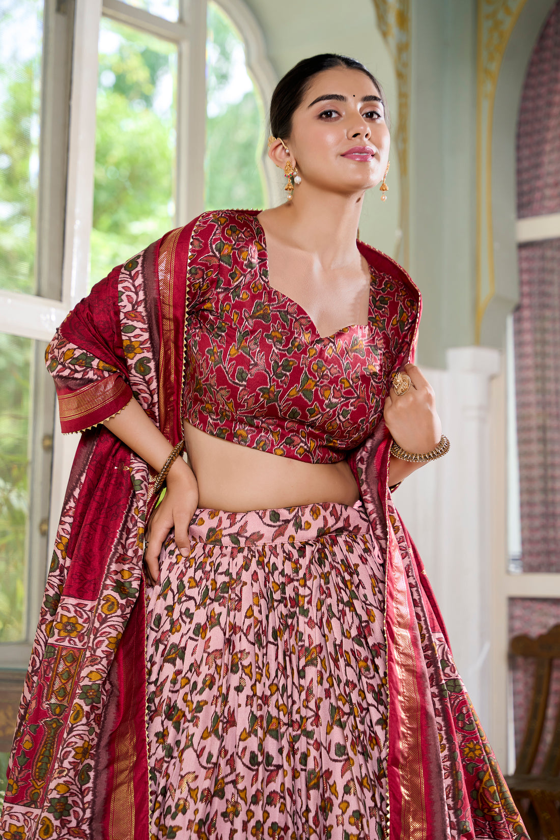 White & Red Floral Print Lehenga Set
