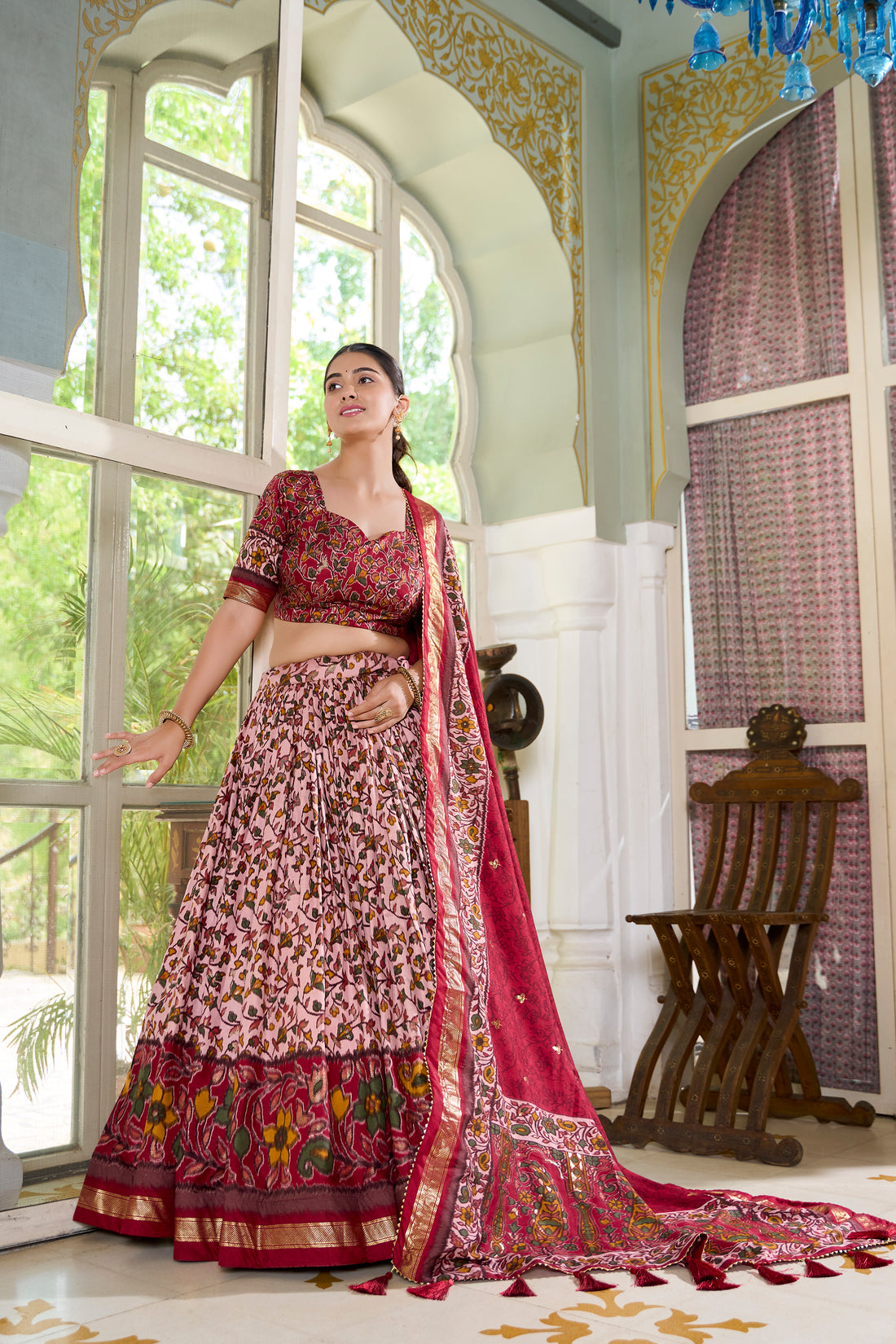 White & Red Floral Print Lehenga Set