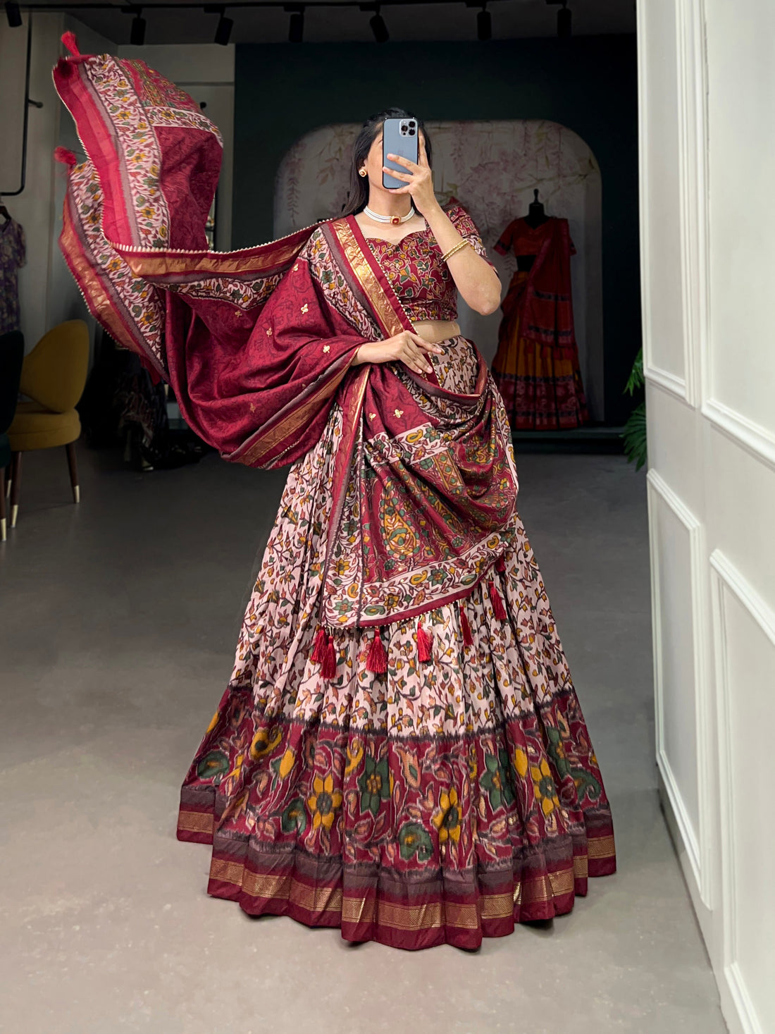 White & Red Floral Print Lehenga Set