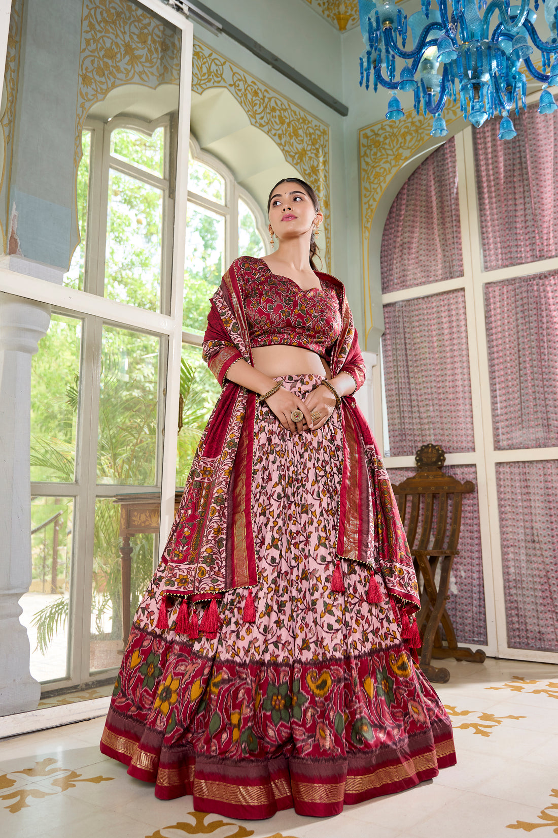 White & Red Floral Print Lehenga Set