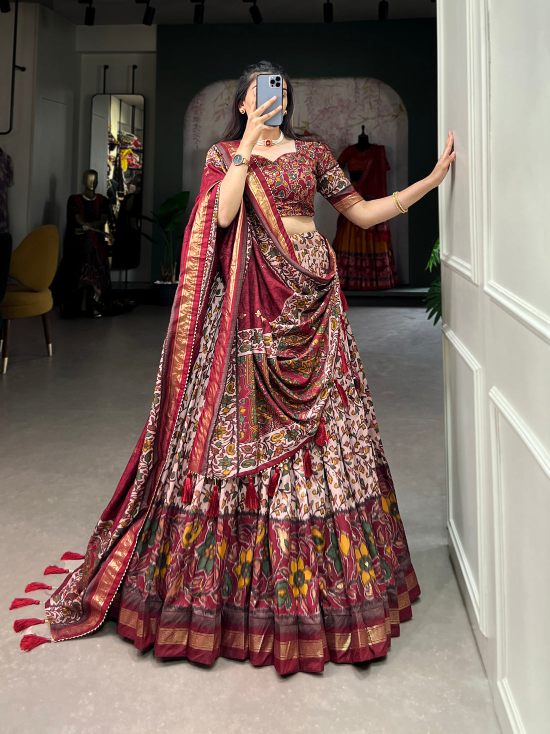 White & Red Floral Print Lehenga Set